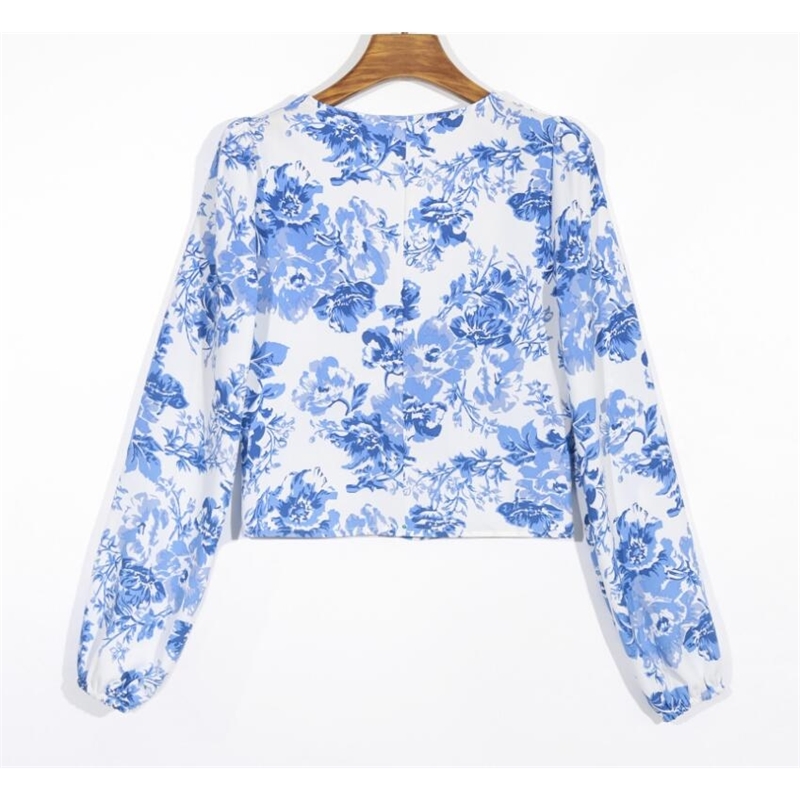 Retro Long Puff Sleeve Blue white Floral Print Shirt Women Single-breasted buttons Slim Waist Short Blouse Girl's Tops 210429