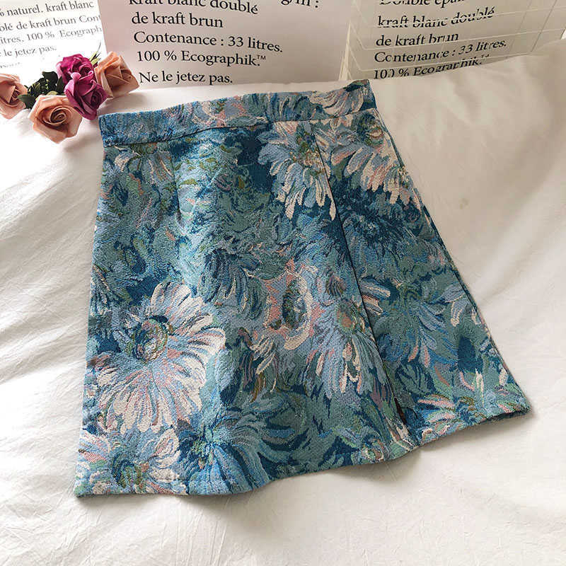 Autumn Korean-Style Elegant Temperament Painted Flowers High Waist Skirt Slim A- Line 210621