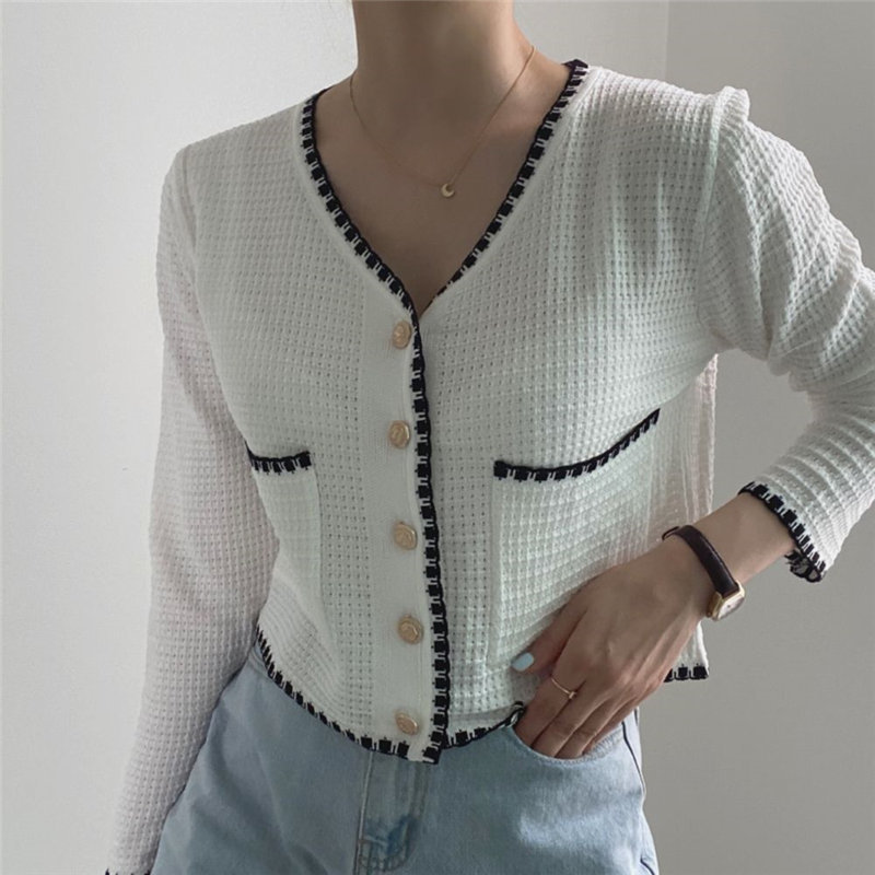 Loose Knitted Chic High Waist Basic Women V-Neck Autumn Office Lady Work Cardigans Sweaters Female Tops 210421