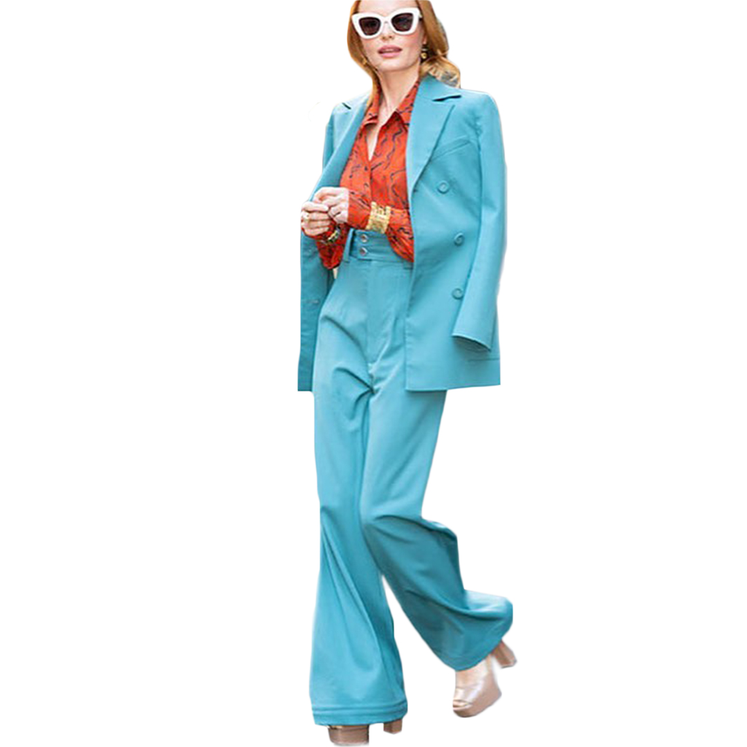 Summer Blue Fashion Blazer Suits 2 Pieces Long Sleeve High Waist Pants Outfits Evening Party Wedding Formal Wear One Pcs