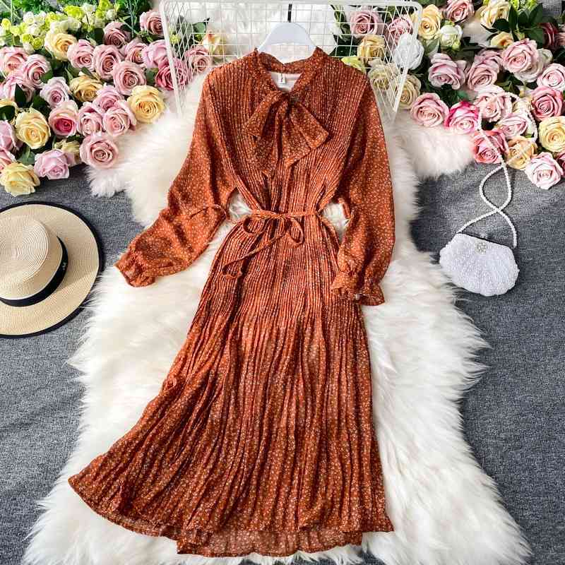 Autumn Casual Loose Pleated Chiffon Floral Print Dress A Line V Neck Full High Waist Tie Up Women Party Dress 210521