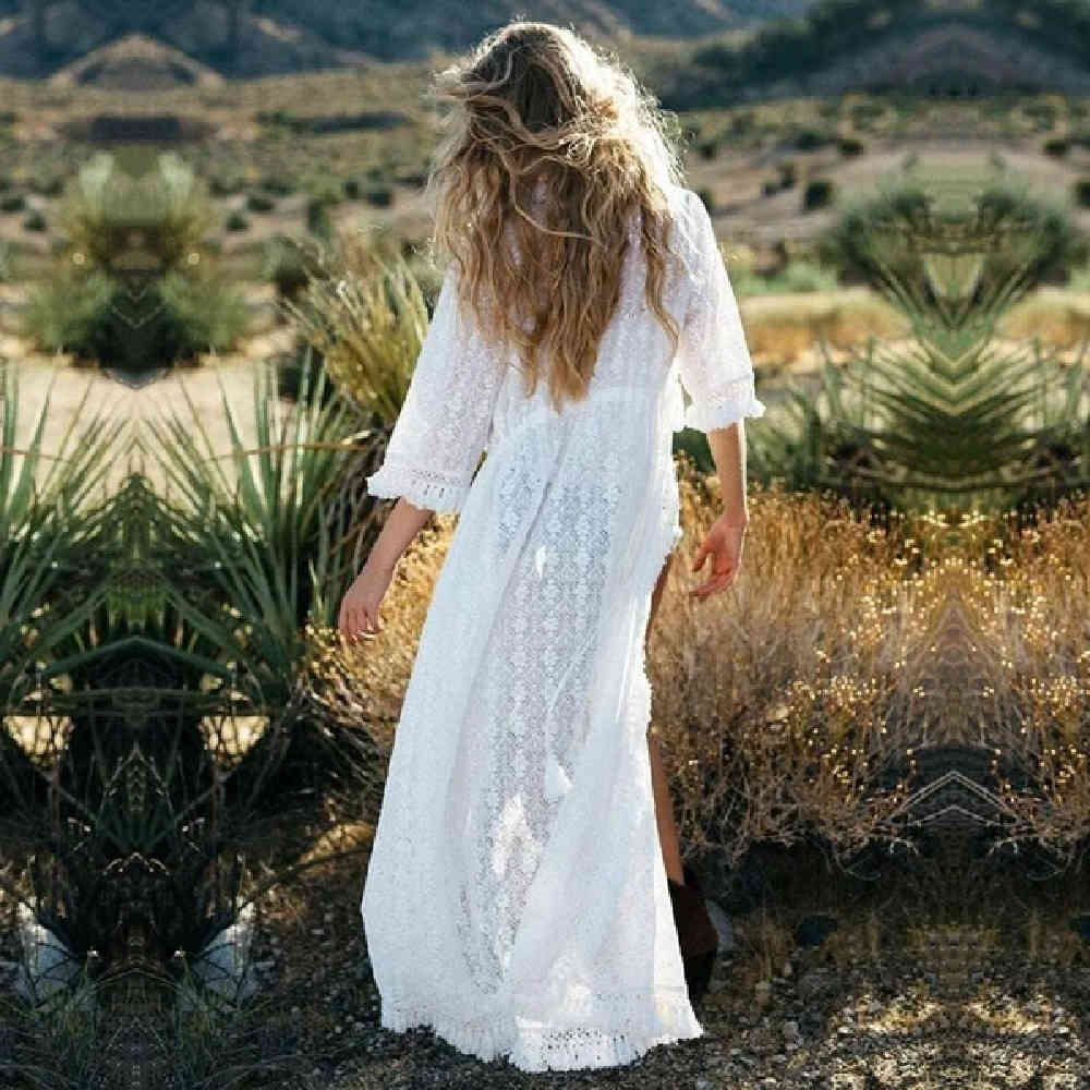 Saida de Praia Cover ups Beach Dresses Lace Robe Plage up Longa Tunic Pareos Bikini #Q495 210420