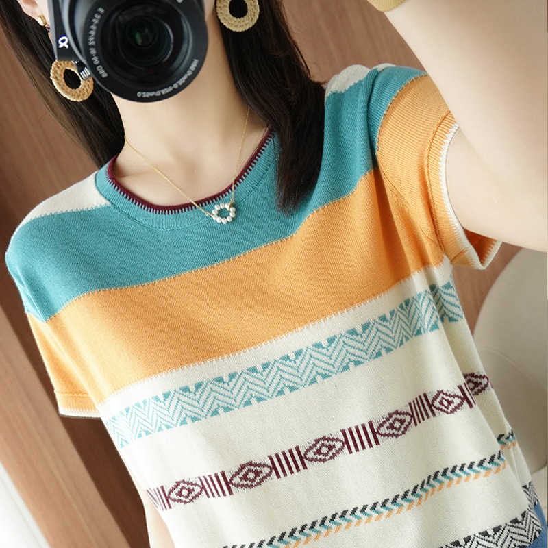 Short Sleeve Women Pullover Ladies Summer The Ice Silk O-Neck Striped Knitted Tshirts Feminine Sexy Fashion Sweaters 210918
