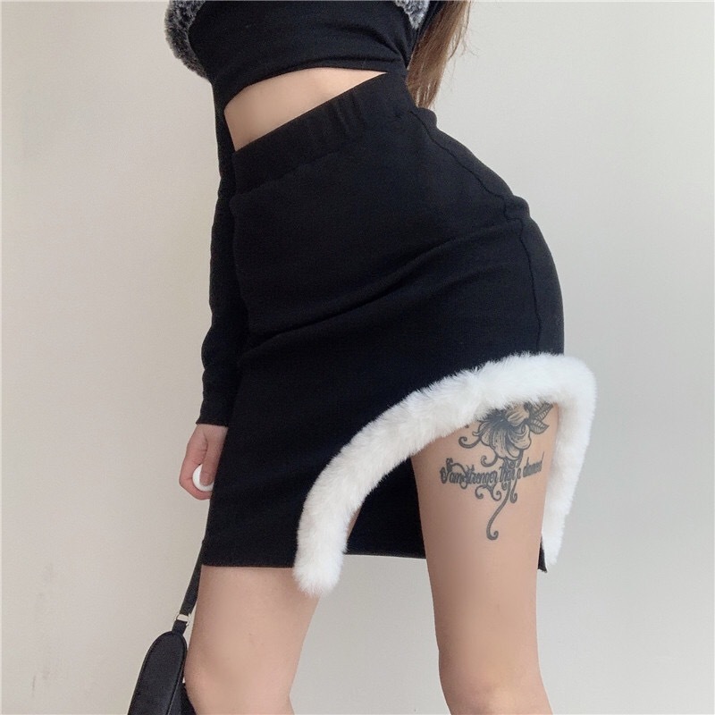 Sexy Women High Waist Spliced Faux fur Mini Skirt Black Y2K Stylish Cool Girl Package Hips Short Skirts Party 210429