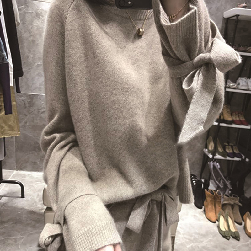 Women Sets High quality Wool knitted Two Piece Set Cashmere Loose Sweater Pullover Elastic Wiast Pants Suit Tracksuit 677G 210420