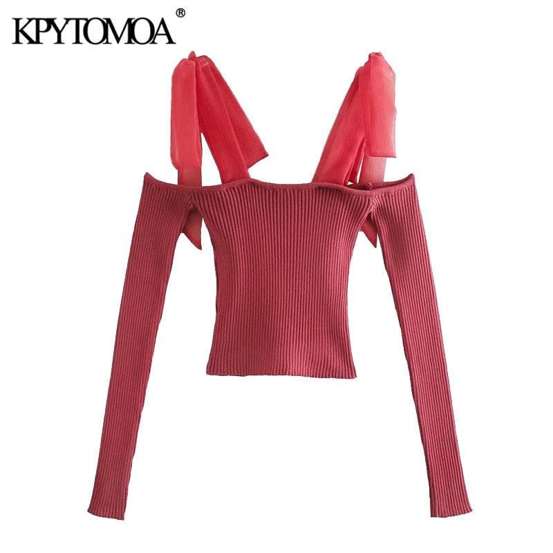 Women Fashion With Organza Straps Cropped Knitted Sweater Long Sleeve Female Pullovers Chic Tops 210420