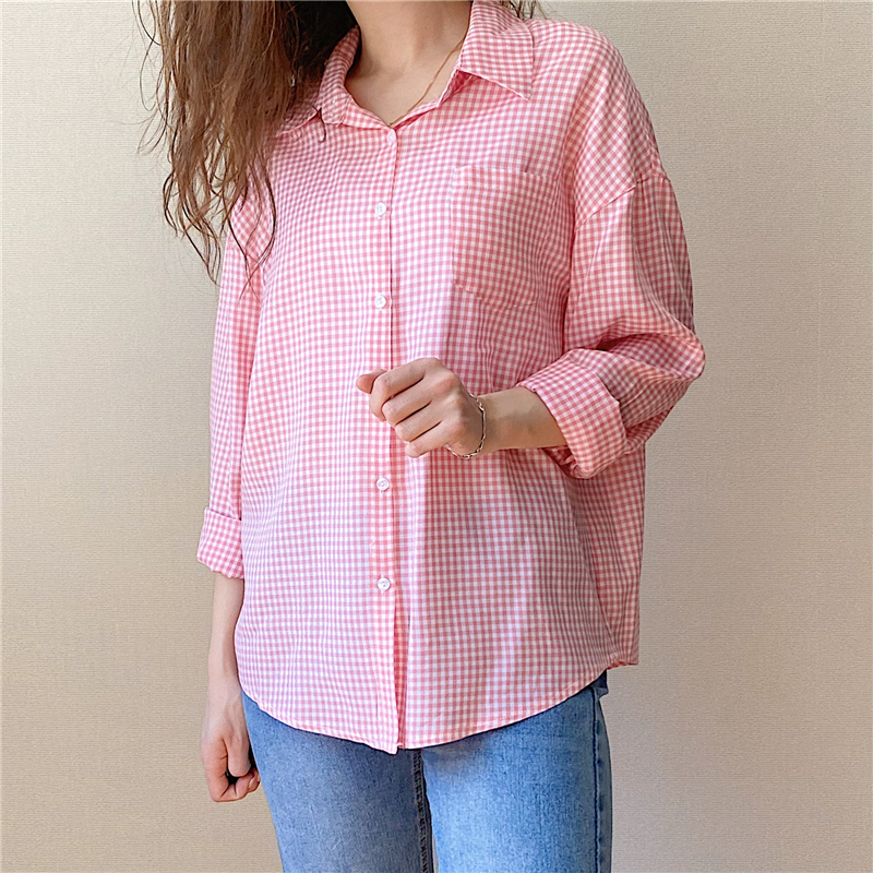 OL Elegant Pink Plaid Shirt Women Summer Blouses Loose Lapel Single-breasted Office Lady Long Sleeve Tops Blusas 210421