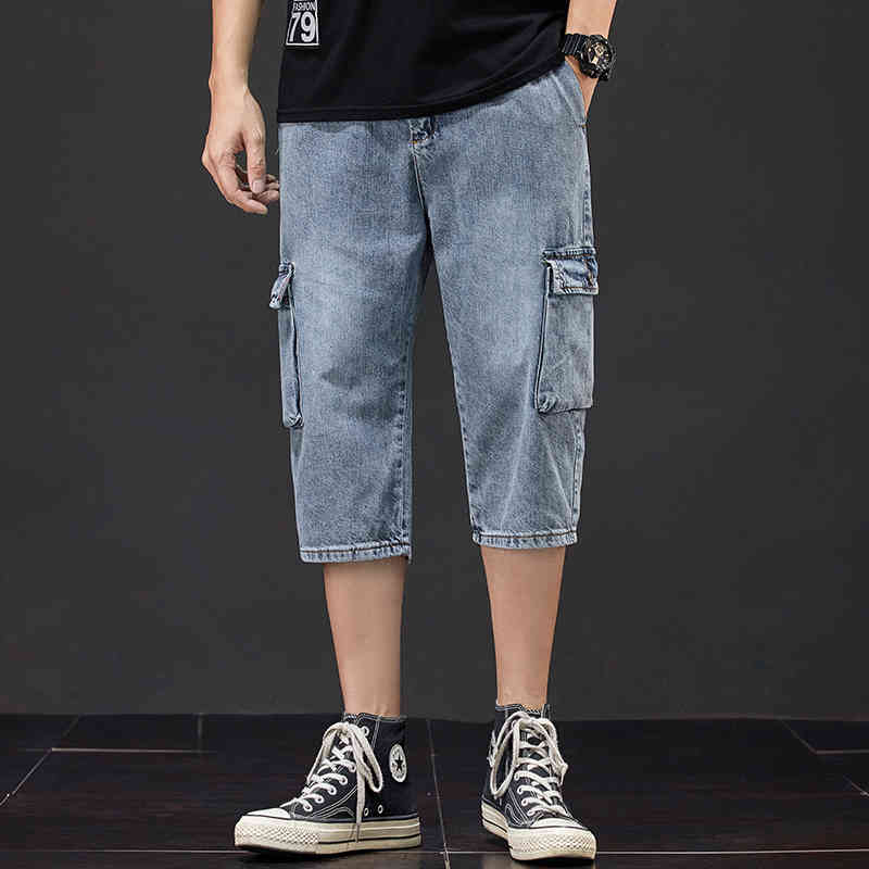 Jeans Shorts Men's Summer Breeches Multi Side Pocket Casual Bermuda Male Straight Long Blue Denim Loose Cargo Shorts Men 210518
