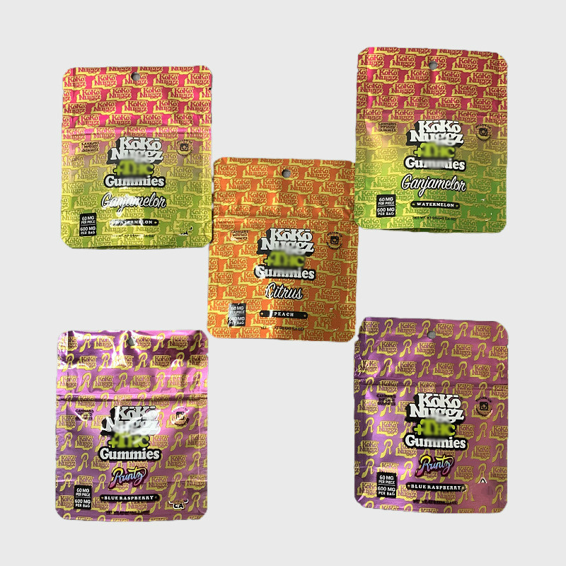 KOKO NUGGZ Gummies Edibles Ziplock Packaging Bag 3 types and Flavors Watermelon Orange Blue Raspberry Mylar Plastic bags
KOKO NUGGZ Gummies Edibles Ziplock Packaging Bag 3 types and Flavors Watermelon Orange Blue Raspberry Mylar Plastic bags