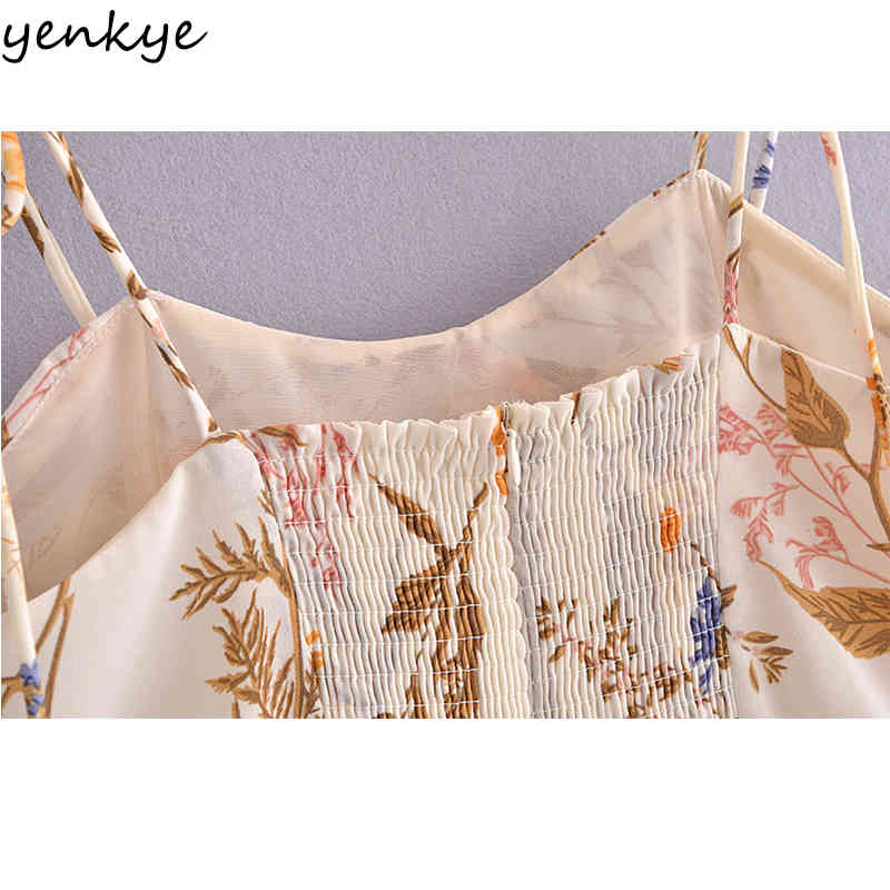 YENKYE Summer Women Vintage Floral Print Sexy Slits Sling Dress Female Holiday Beach Dress Chiffon Vestido 210515