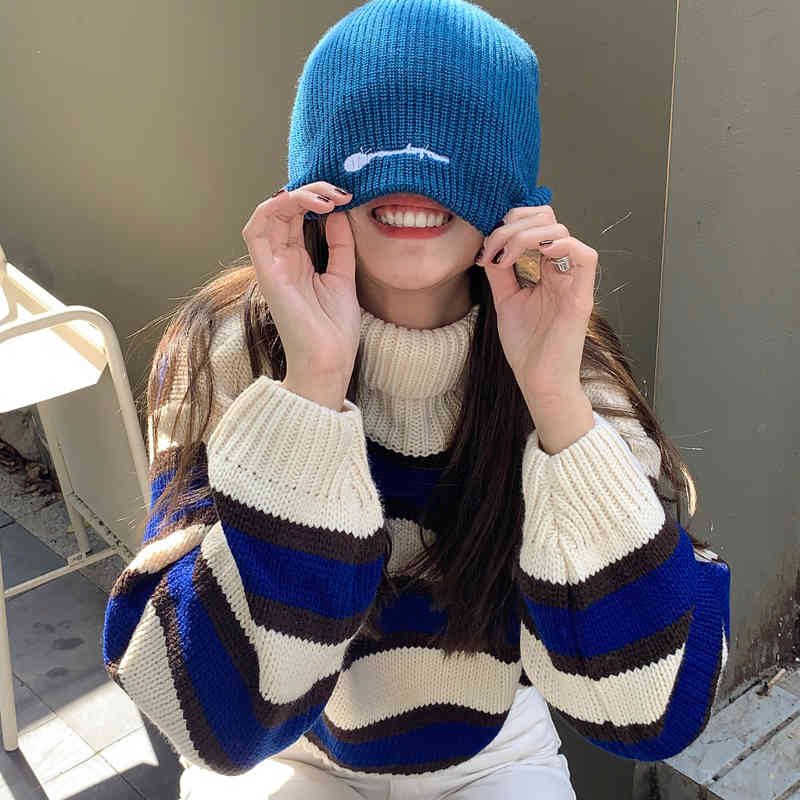 2Colors Autumn Winter Women Turtleneck Pullovers And Sweaters Korean style stripe thick Warm Female knitted Sweater (C8673) 210423