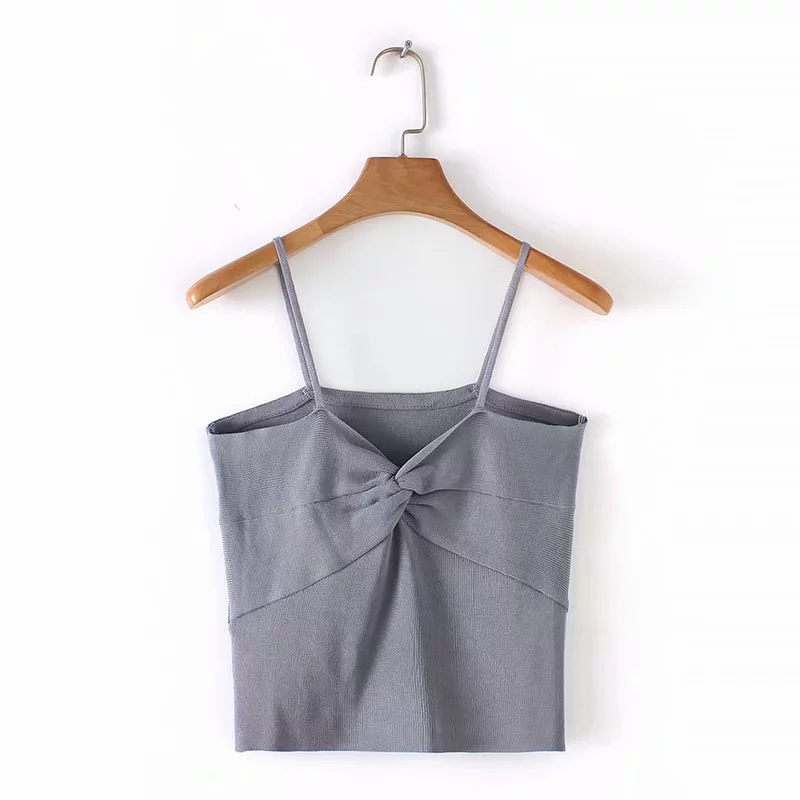 Women Knotted Fold Knitting Sling T shirt Casual Lady Sexy Short Tops Fashion Feminina Solid Color T-shirt T1059 210430Z