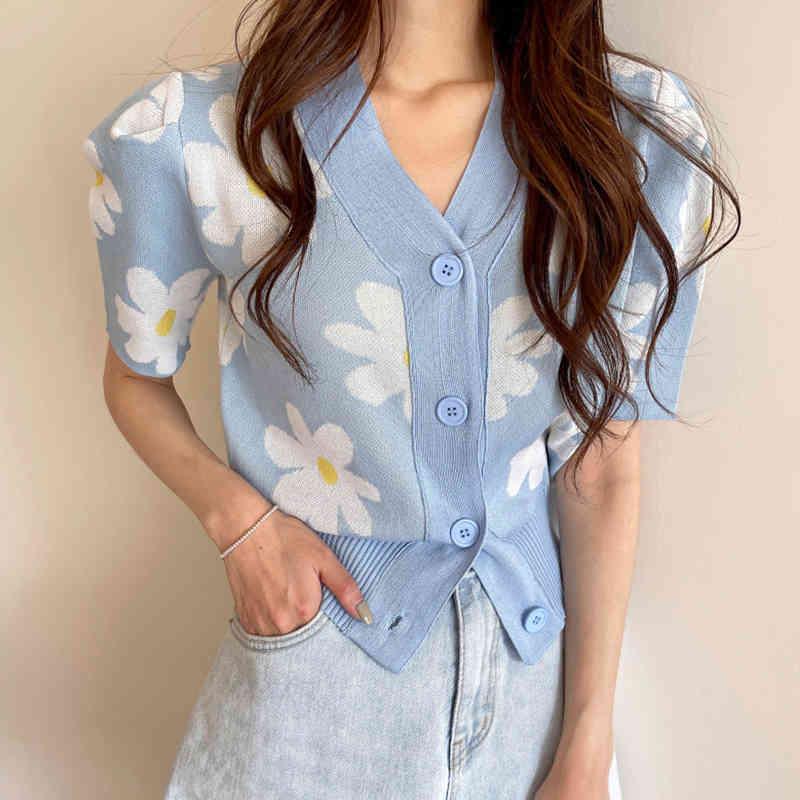 Women Sweater Summer Korean Gentle Milky Soft V-Neck Large Flowers Loose Single-Breasted Puff Sleeve Knit Cardigan 210514