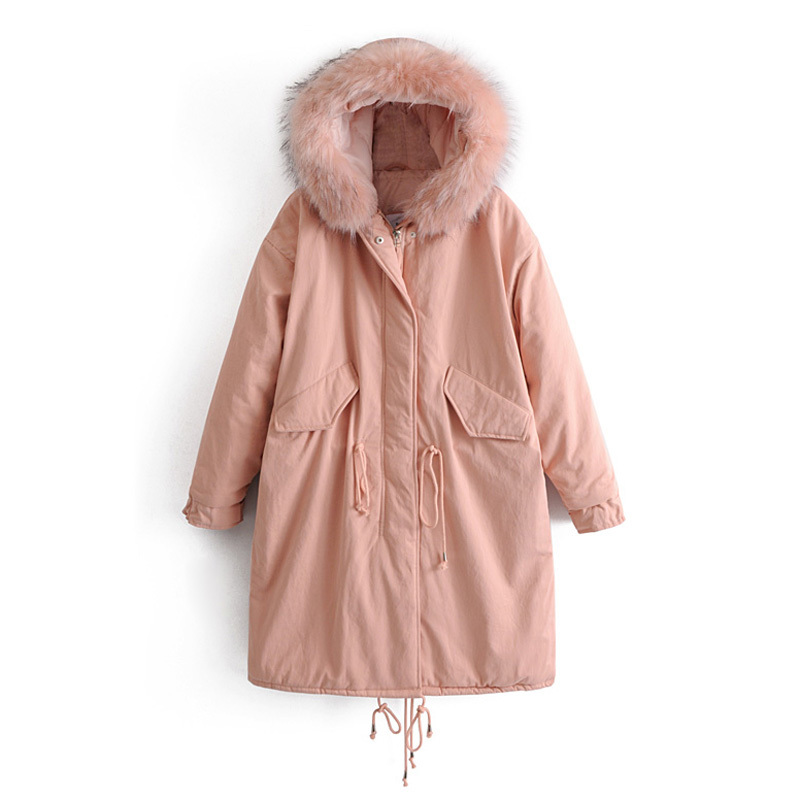 Winter Thick Parkas Women Fashion Fur Hooded Jackets Elegant Ladies Pockets Drawstring Cotton Padded Coats 210520
