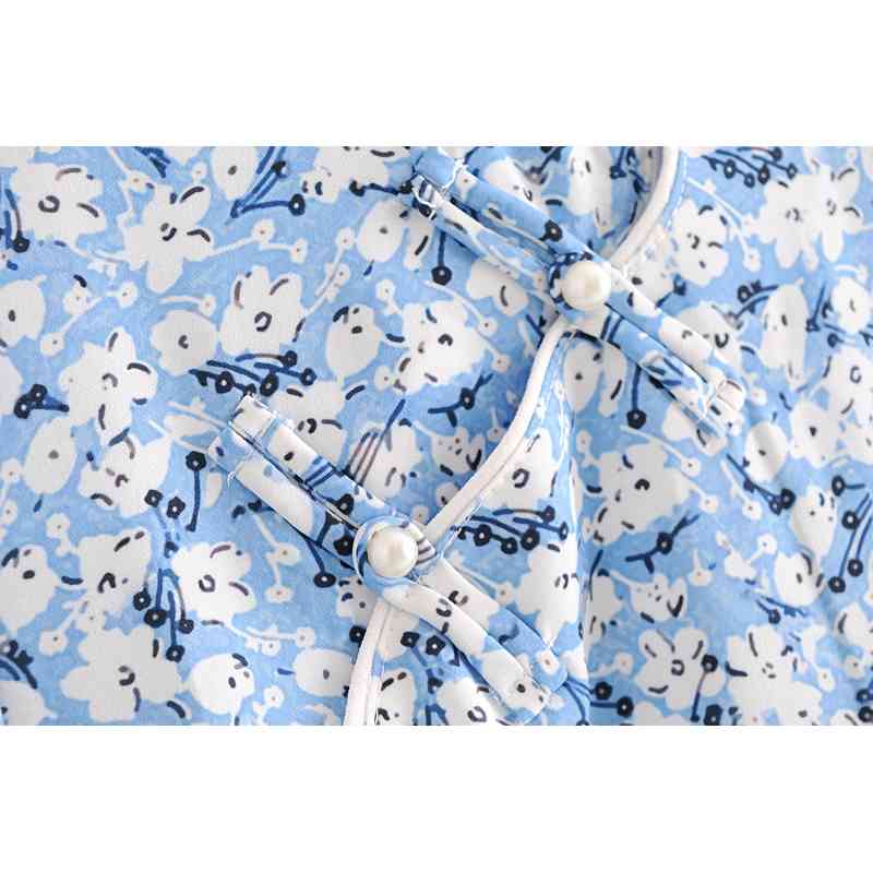 Chinese Style Elegant Pearl Buttons Blue Floral Print Dress Short Sleeve Side Slit Woman Cheongsam Dresses Summer 210429