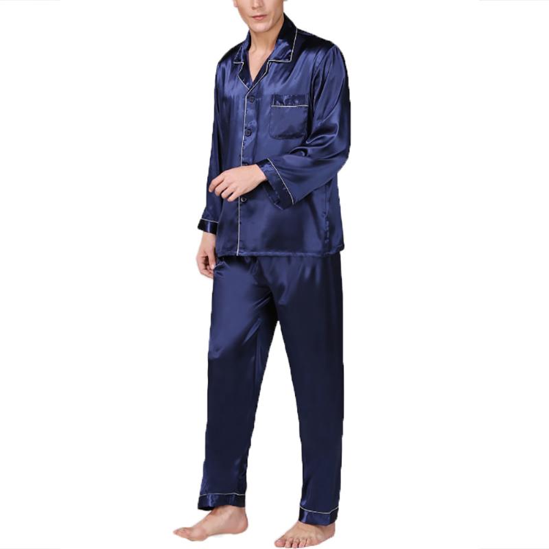Summer Mens Pajama Set Imitation Silk Pajamas Men Sleepwear Print Shirt Long Sleeve Top Pants Sexy Nightwea Men's