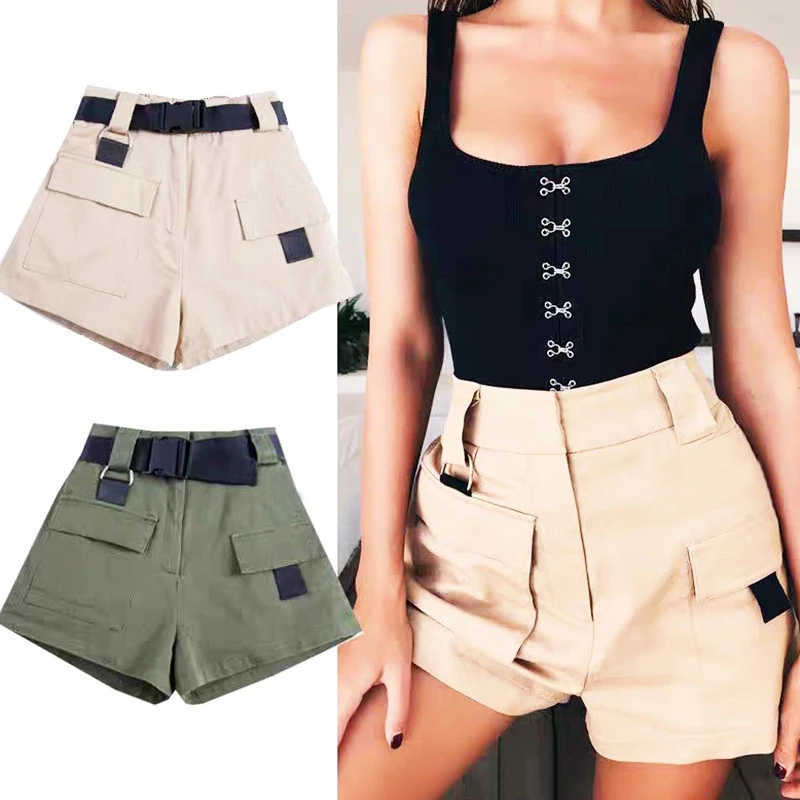 Genayooa Streetwear Shorts Women Fitness Korean Summer Woman High Waist Wide Leg Cargo Women's Shorts Feminino Pocket 210625