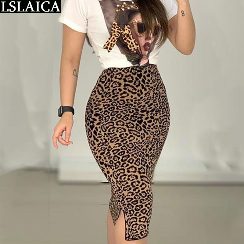 Two Peice Set For Women Casual O-Neck T Shirt& Skirt Fashion Leopard Print Office Elegance Skinny Ropa Femenina 210520