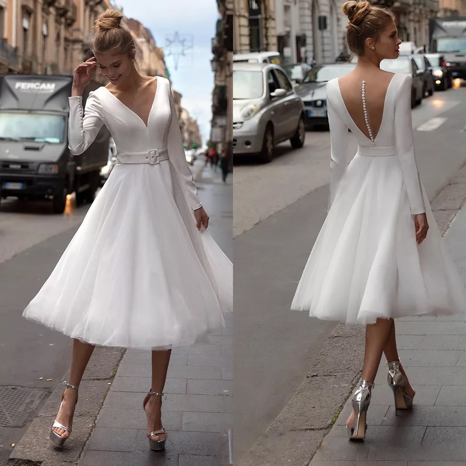 Long Sleeve A Line Short Wedding Dress For Women 2022 V Neck Illusion Back Retro Bridal Dresses Simple White Satin Tulle Garden Bride Gowns