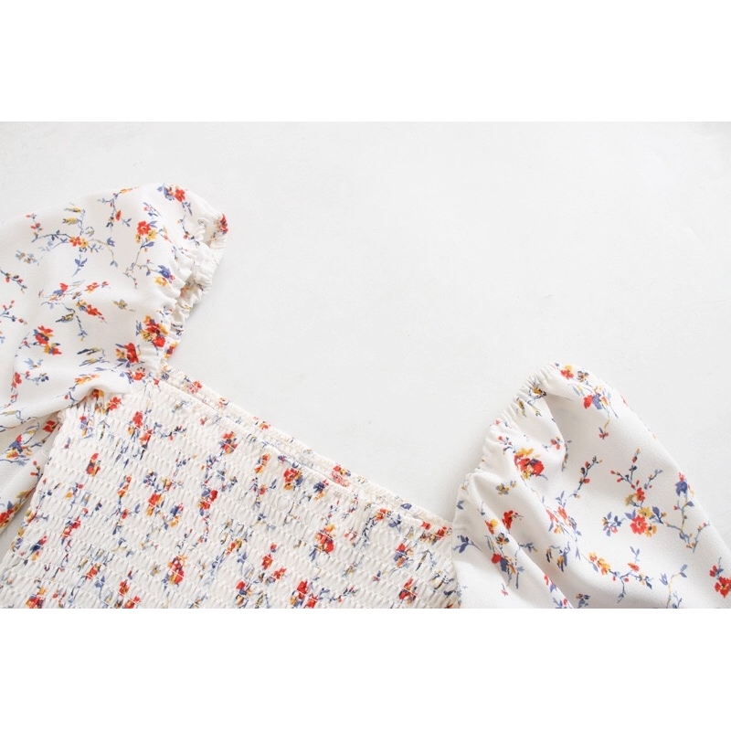 Spring Vintage France Style Floral Print Elastic Ruched Body Women Dress Sexy Long Sleeve Hem Slit Midi Dresses Holiday 210429