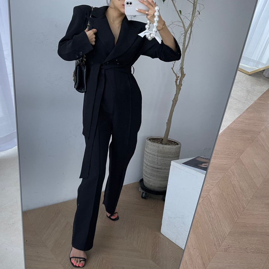 Elegant Notched Collar Double Breasted Playsuits Long Pants Chic Sashes Office OL High Waist Slim Retro Jumpsuit Women 210519