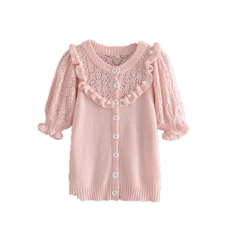 Women Sweet Chic Pearl Ruffles Decoration Knitted Blouses Fashion Girls Buttons O-Neck Puff Sleeve Shirts Tops 210520, Beige
Women Sweet Chic Pearl Ruffles Decoration Knitted Blouses Fashion Girls Buttons O-Neck Puff Sleeve Shirts Tops 210520, Beige