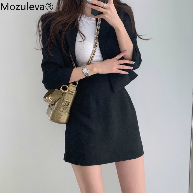Mozuleva Korean Skirt Suits Full Sleeve Short Blazer Coat + Slim High Waist Skirts Mini Solid Slim Vintage 2 Pieces Set 210708