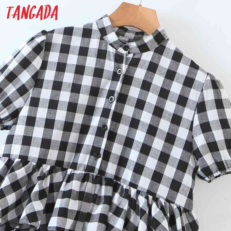 Summer Women Plaid Print Shirt Short Sleeve Ruffles Ladies Mini Dress Vestidos QW92 210416