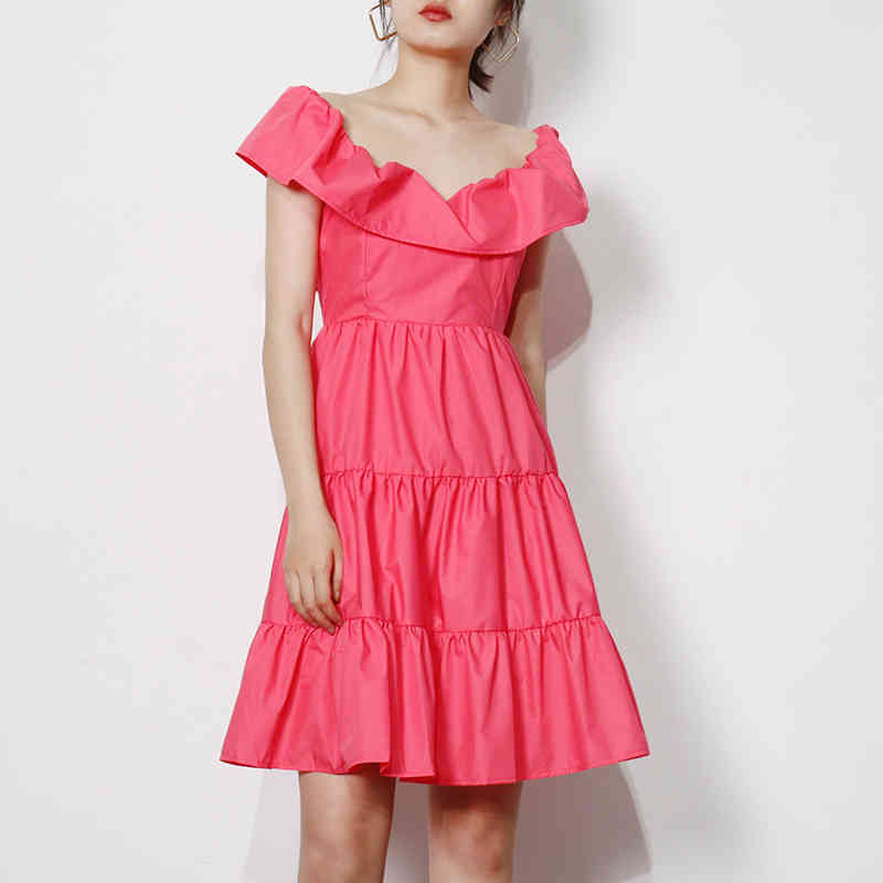 Ruffle Patchwork Summer Dress For Women Square Collar Short Sleeve High Waist Solid Dresses Female Fashion 210520