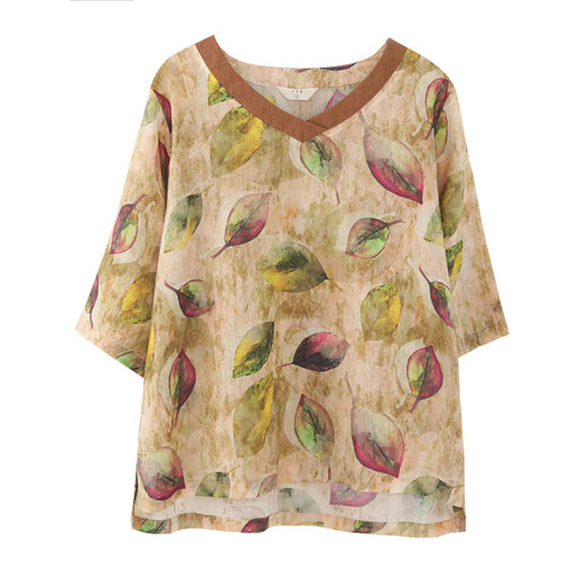 Arrival Summer Women T Shirt Plus Size Half Sleeve V-neck Loose Tee Vintage Leaf Print Tshirts Tops Femme D21 210512