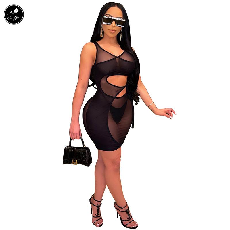 Enyu S-4XL Fashion 2021 Summer Sexy Women Black Brown Solid Mini Dress Camisole Thin Guazy See-Through Club Casual Dresses