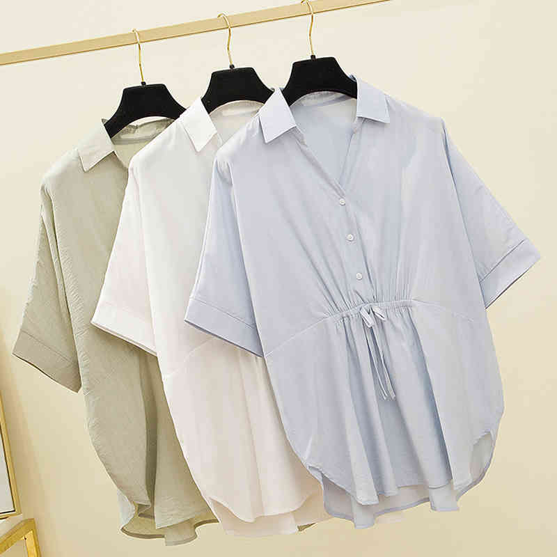 Summer Plus Size 5XL Elegant V-neck Solid Large Girl's Slim Shirts Korean Style Loose Blouse Women White Tops 9884 210506