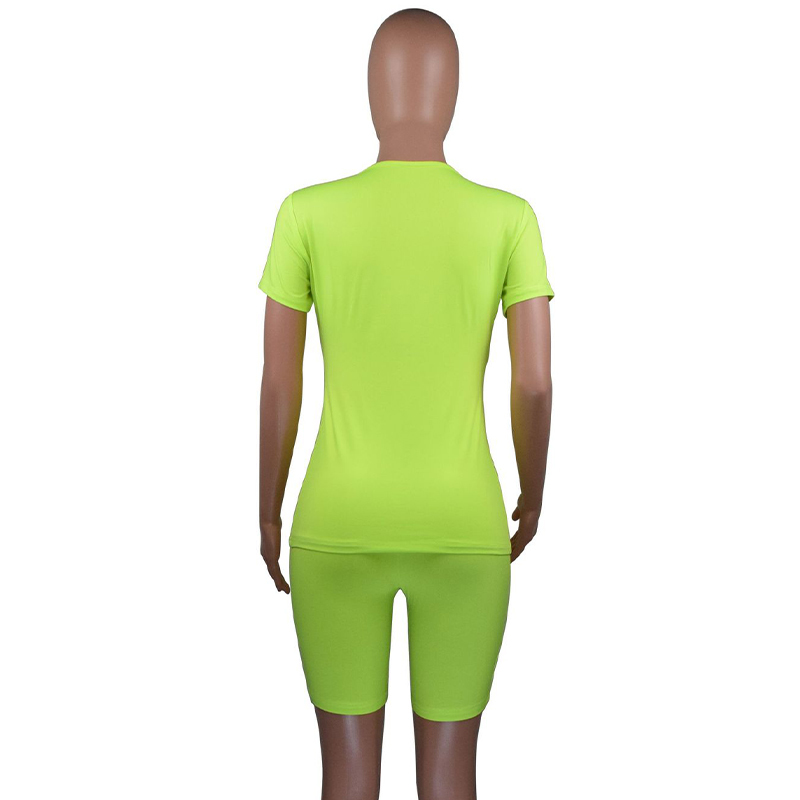 NewAsia Short Sleeve Elastic 2 Piece Set Women Neon Color Tracksuits Summer Shorts O Neck Tops Set Casual Sports Sets Streetwear 210413