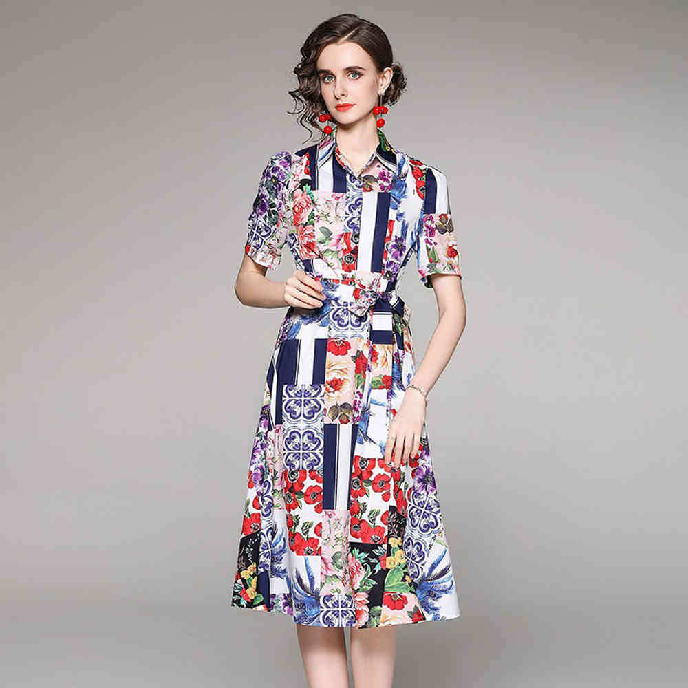 dresses for women vintage printed single breasted midi casual Summer Dress Short Sleeve Ladies Midi Vestidos z 210421