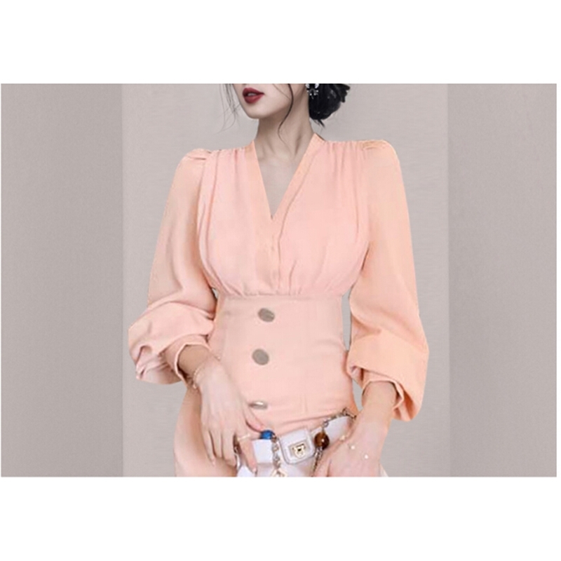 Fashion Spring Women Temperament Long Sleeve Pink Dress Robe Sexy V-Neck Korea Chic Party Dresses Vestidos 210520