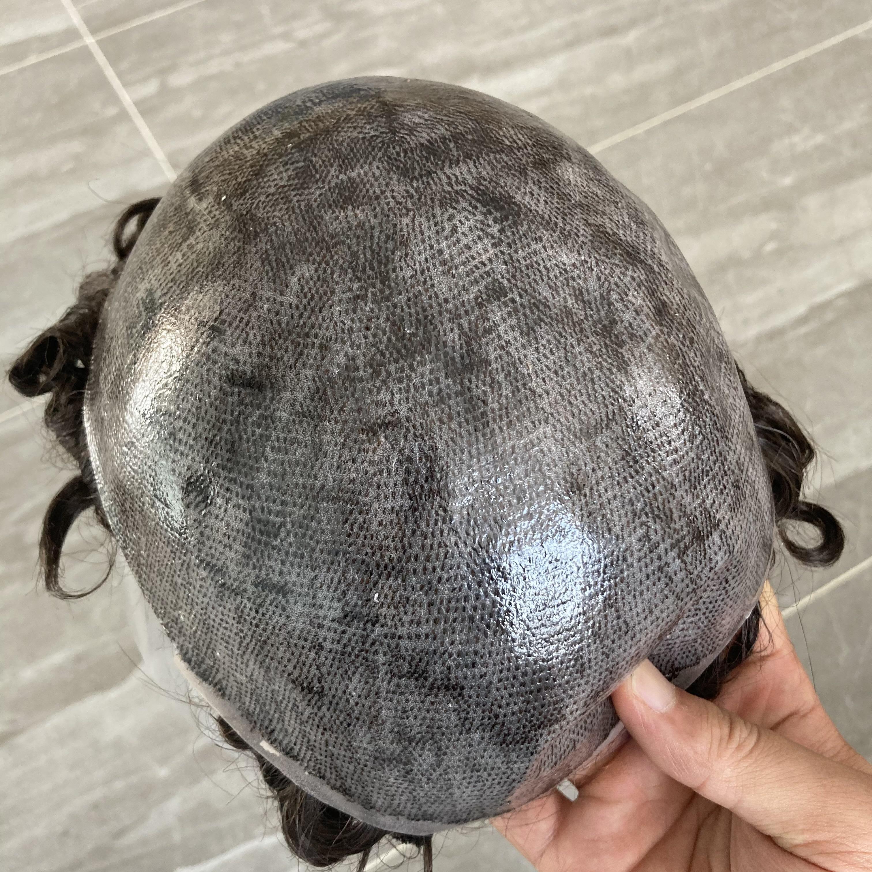 Men's Wig 20MM Curly Machine Injected Technical Skin Base Human Hair Toupee Replacement System Full Machine #1B Color 8x10inch