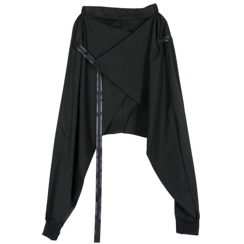 Spring Black Loose Elastic Waist Lace Up Spliced Personality Casual Harem Pants Fashion Women's LA982 211115