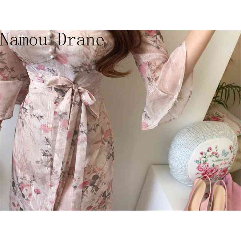 Chic Summer Women Print Midi Chiffon Dress Slim Elegant Bandage Dress Elegant Runway Dresses Vestido party dress 210630