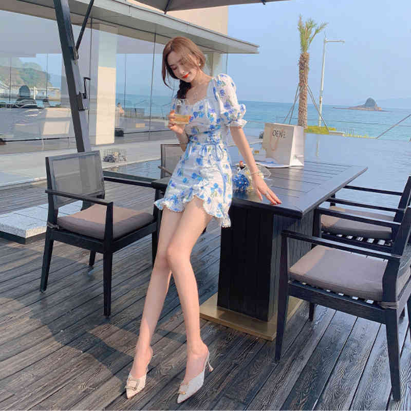 Sweet Floral Print 2 Pieces Sets Vintage Women Elegant Bandage Puff Sleeve Summer Blouse+Hight Wasit Skirts Suits 210510