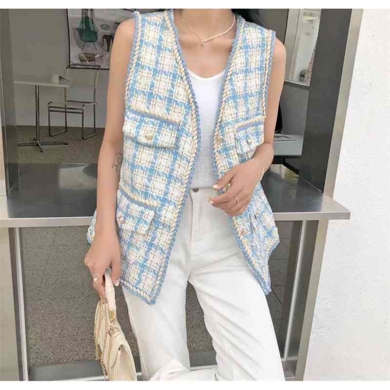 Women's Fashion Elegant Tweed Woolen Vest Ladies Korea Chic Style Buttons Pockets Casual Plaid Coat For Women 210520
