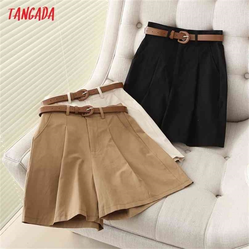 Tangada Summer Women Elegant Solid Cotton Shorts with Belt Pockets OL Pantalones 7H02 210714
