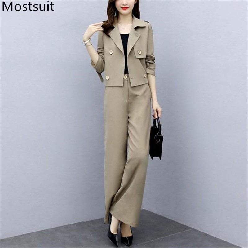 Autumn Fashion Office Two Piece Sets Suits Women Double-breasted Coat + Wide Leg Pants Outfits Workwear Ladies Femme 210514
