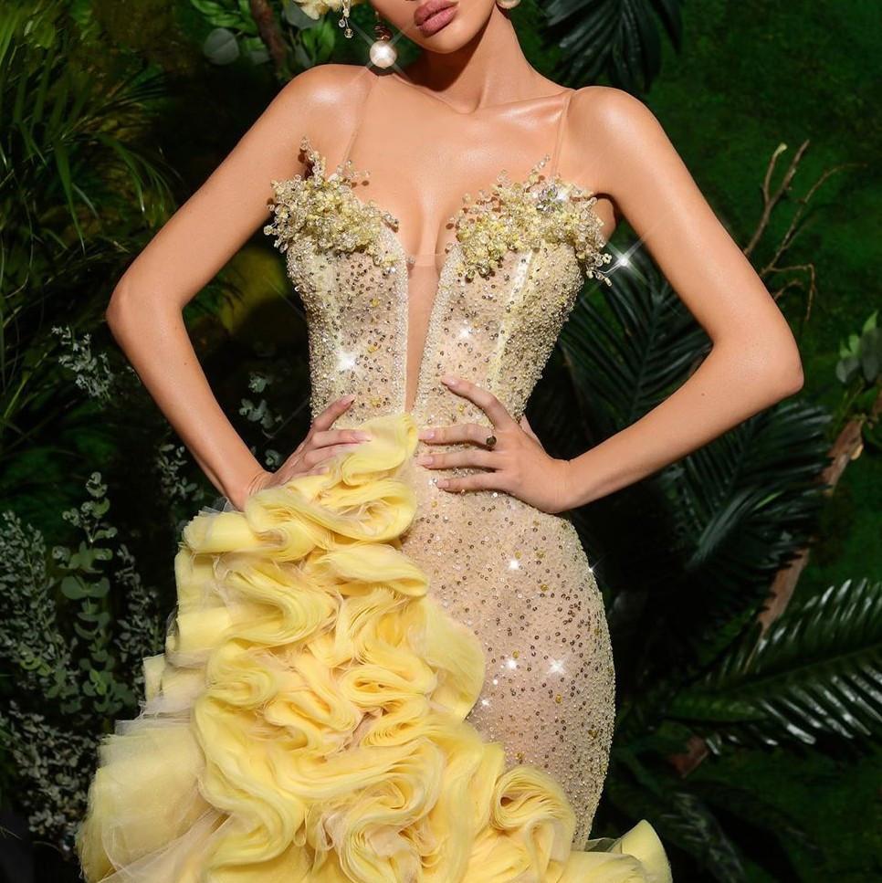 Luxury Yellow Prom Dresses Mermaid High Slit With Ruffles Sequins Beads Spaghetti Sparkly Evening Dress Robe De Mariée