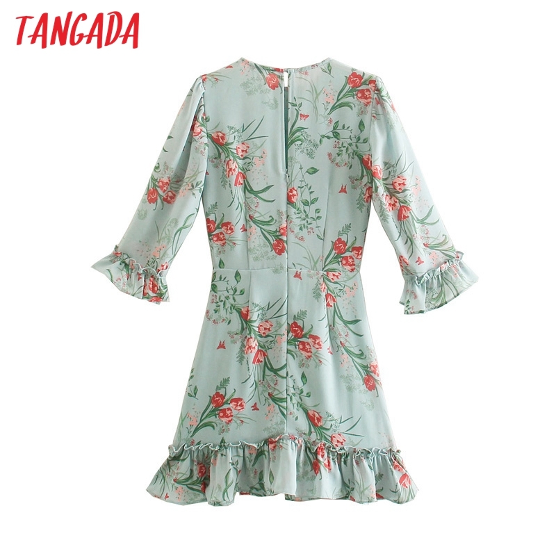 Summer Women Print French Style Office Short Sleeve Lady Chiffon Dress Vestidos 3D09 210416
