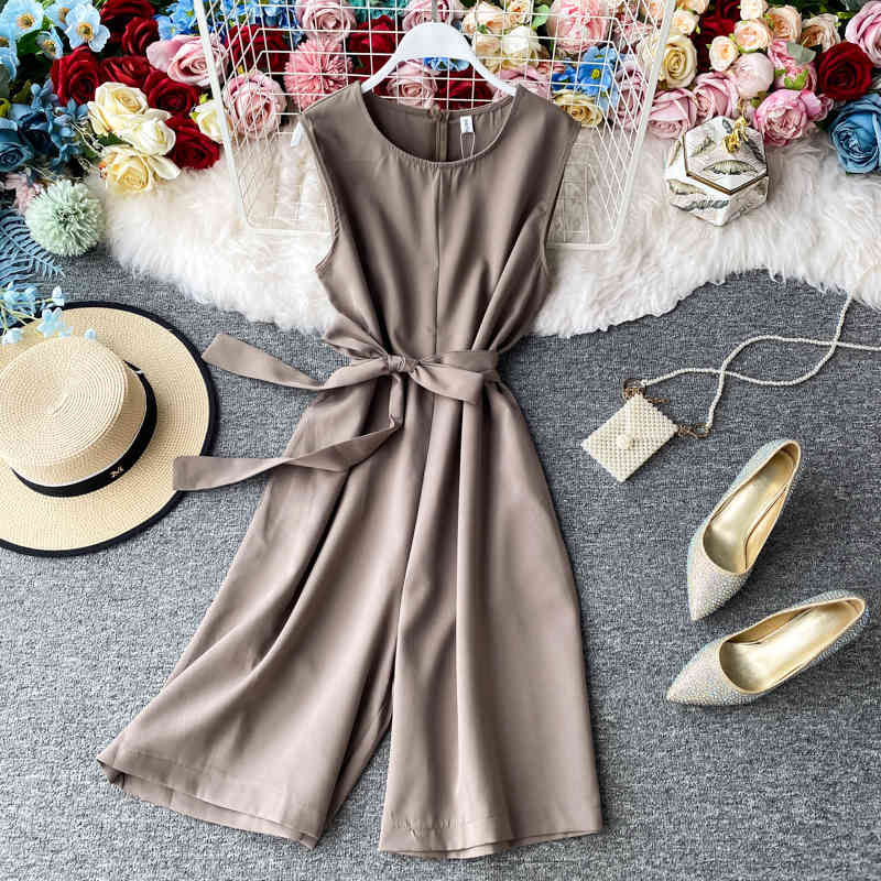 Summer Women Rompers Bandage Solid Elegant Korean Fashion Jumpsuits Bow Wide Leg High Waist Bodysuit 17242 210415
