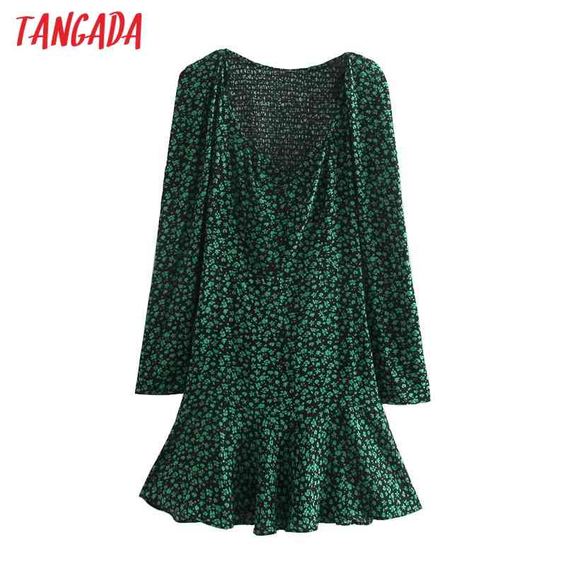 Fashion Women Green Flowers Print A-line Long Sleeve High Street Ladies Mini Dress 4N06 210416