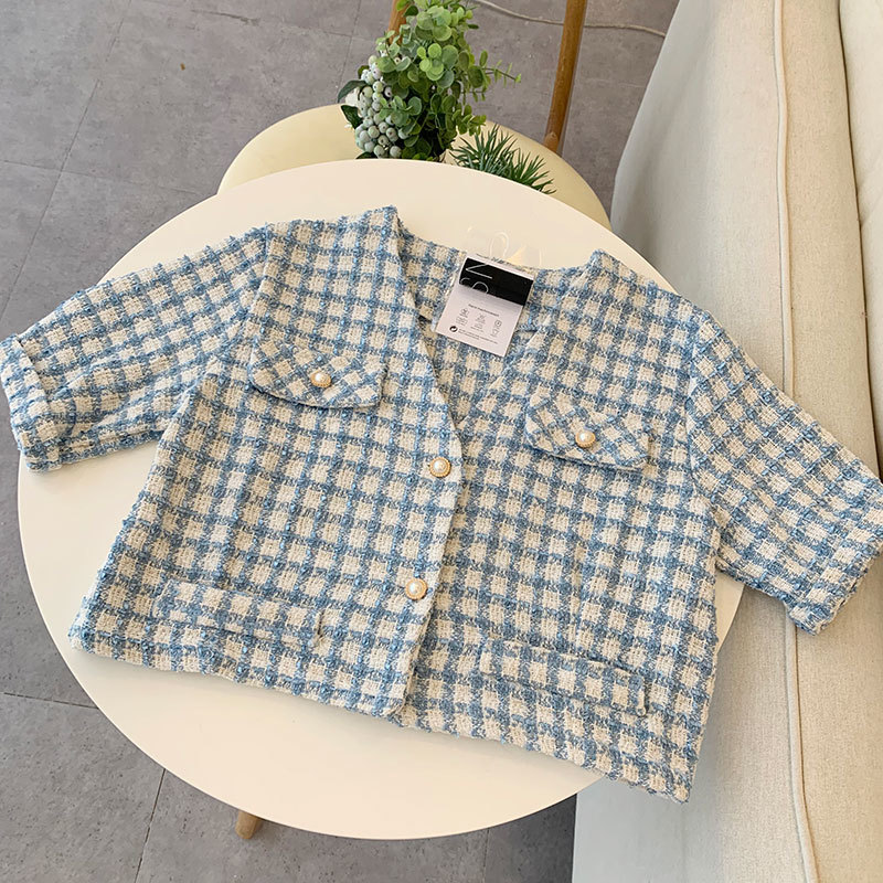 Coats & Jackets Summer Chic Korean V Neck Short Sleeve Plaid Woman Jacket Thin Wild Fashion Elegant Office Lady Sexy Sweet 210429