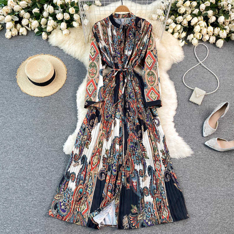 DEAT Women Pleated Printing Dress Stand Neck Long Sleeve Lady Temperament Fashion Spring Autumn 11D1684 210709