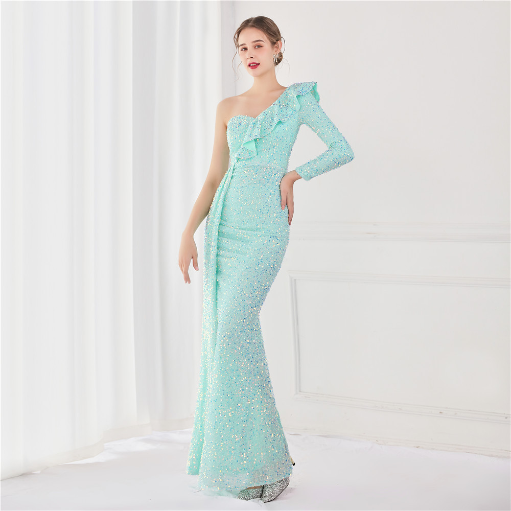 Sexy Evening Dresses One-Shoulder Sequins Race Ruffle Women Formal Stunning Floor Length Prom Dress Robe De Mariée Custom Made