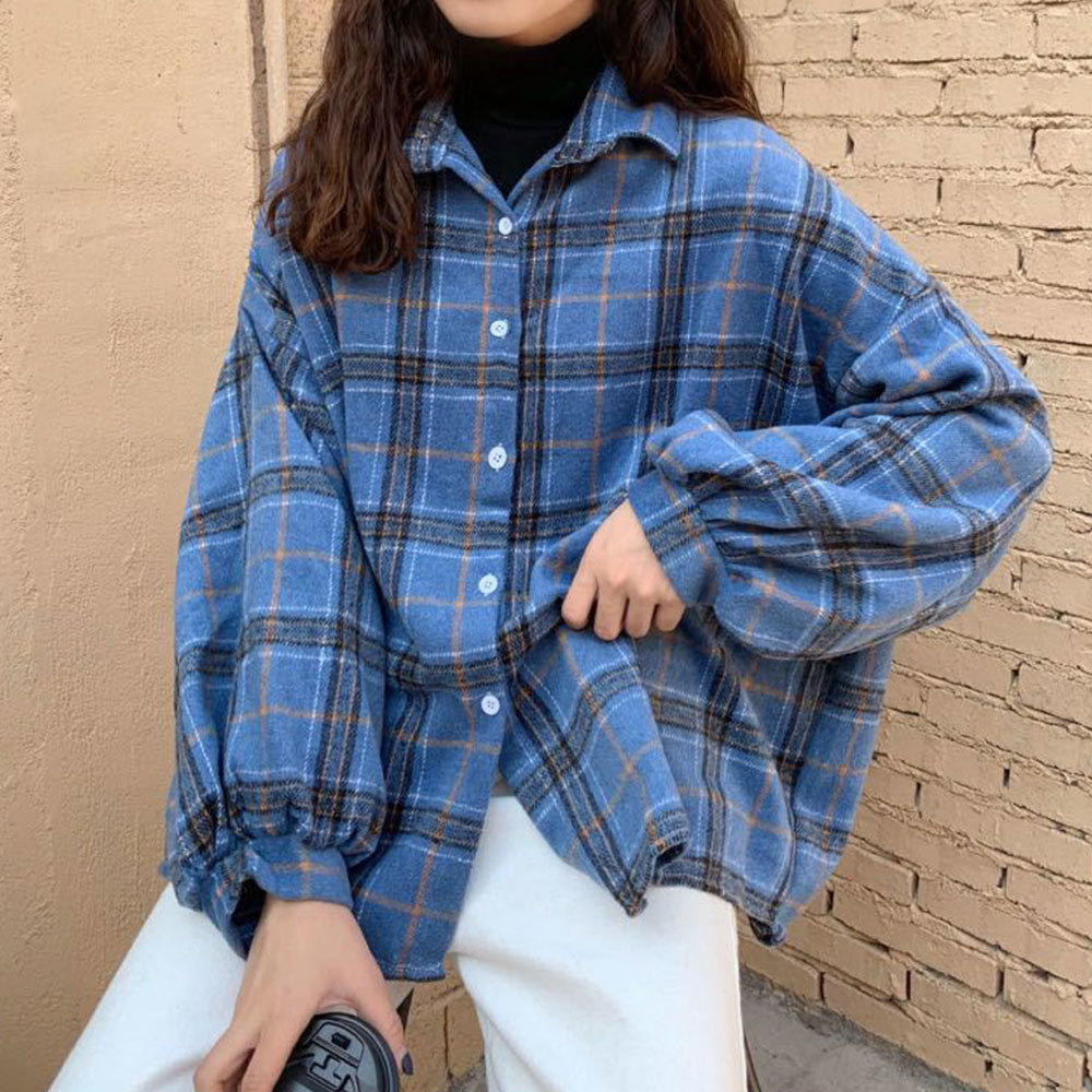Retro Plaid Printed Women Turn Down Collar Blouses Fashion Female Elegant Shirts Harajuku Style Ladies Loose Solid Outwear Coat 210428